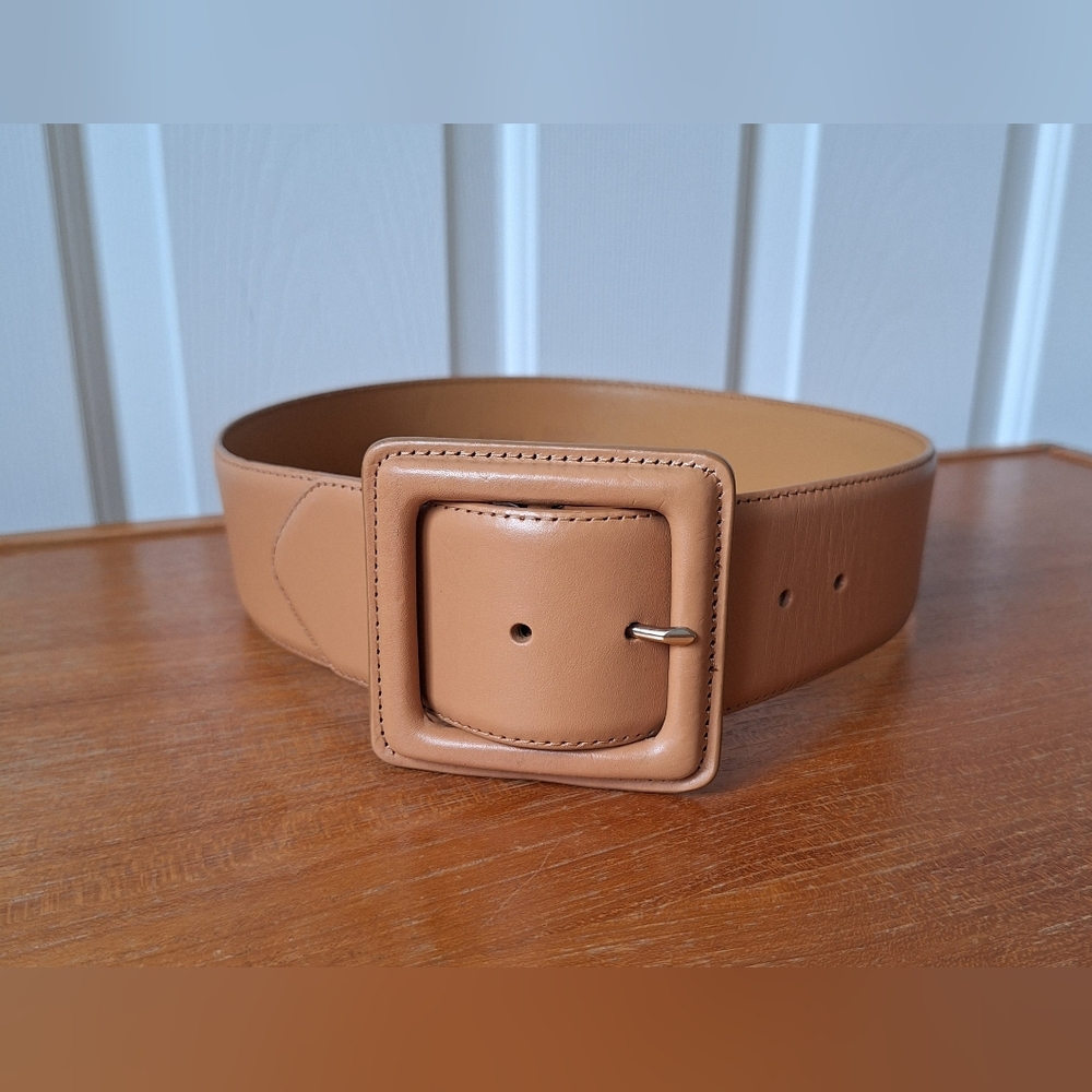 Banana Republic Tan Leather Belt Chunky Wide Statement Bold Square Buckle Womens - Picture 2 of 13